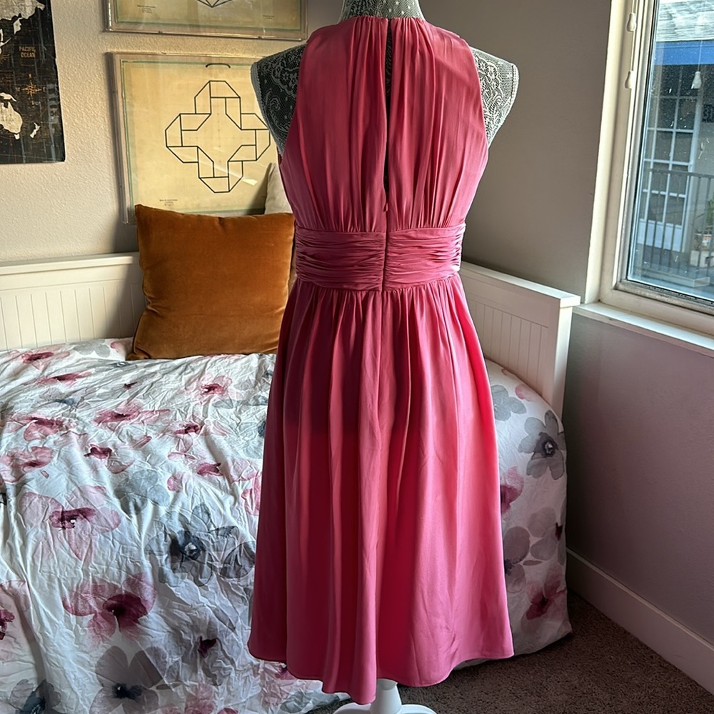 Kay Unger Pink Silk Ruffle Ruched Cocktail Dress, Deep V-Neck & Back Opening - Picture 6 of 11